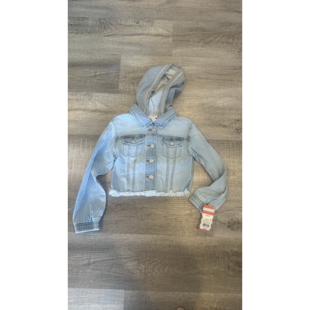 Cat & Jack Gray Blue Cropped Denim Jean Jacket Hooded Girl Size 6-7 Small New